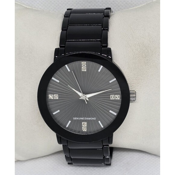 Other - Men's Classic Round Genuine Diamond Round Black Dial Case Link Bracelet Watch 13
